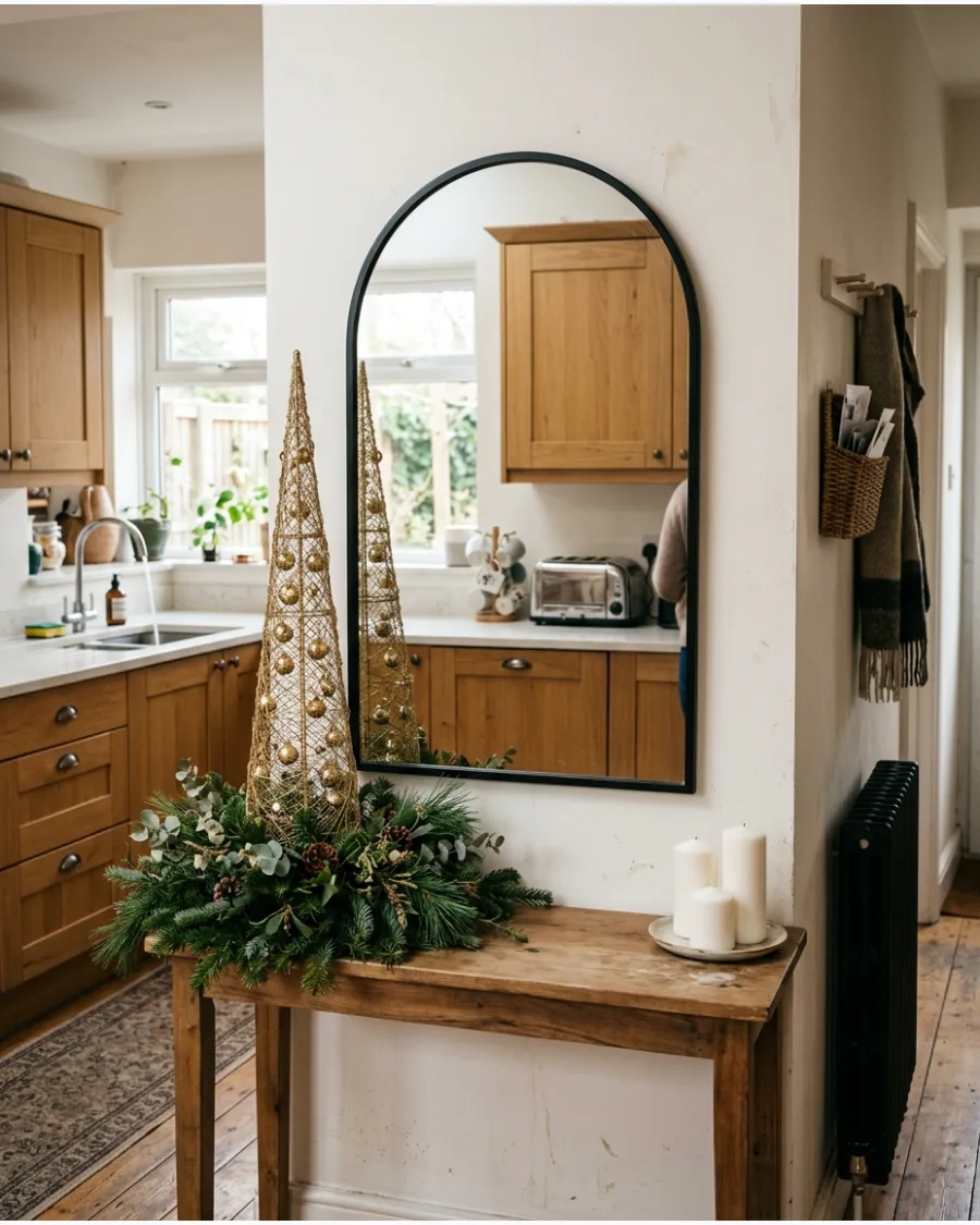 14. Arched Mirror Christmas Console Table