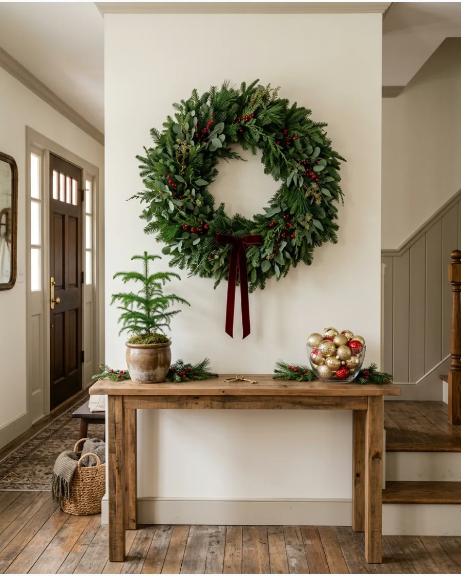 17. Entry Table With One Oversized Christmas Wreath