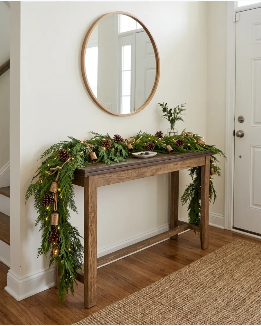 19. Cascading Cedar Garland Entry Table