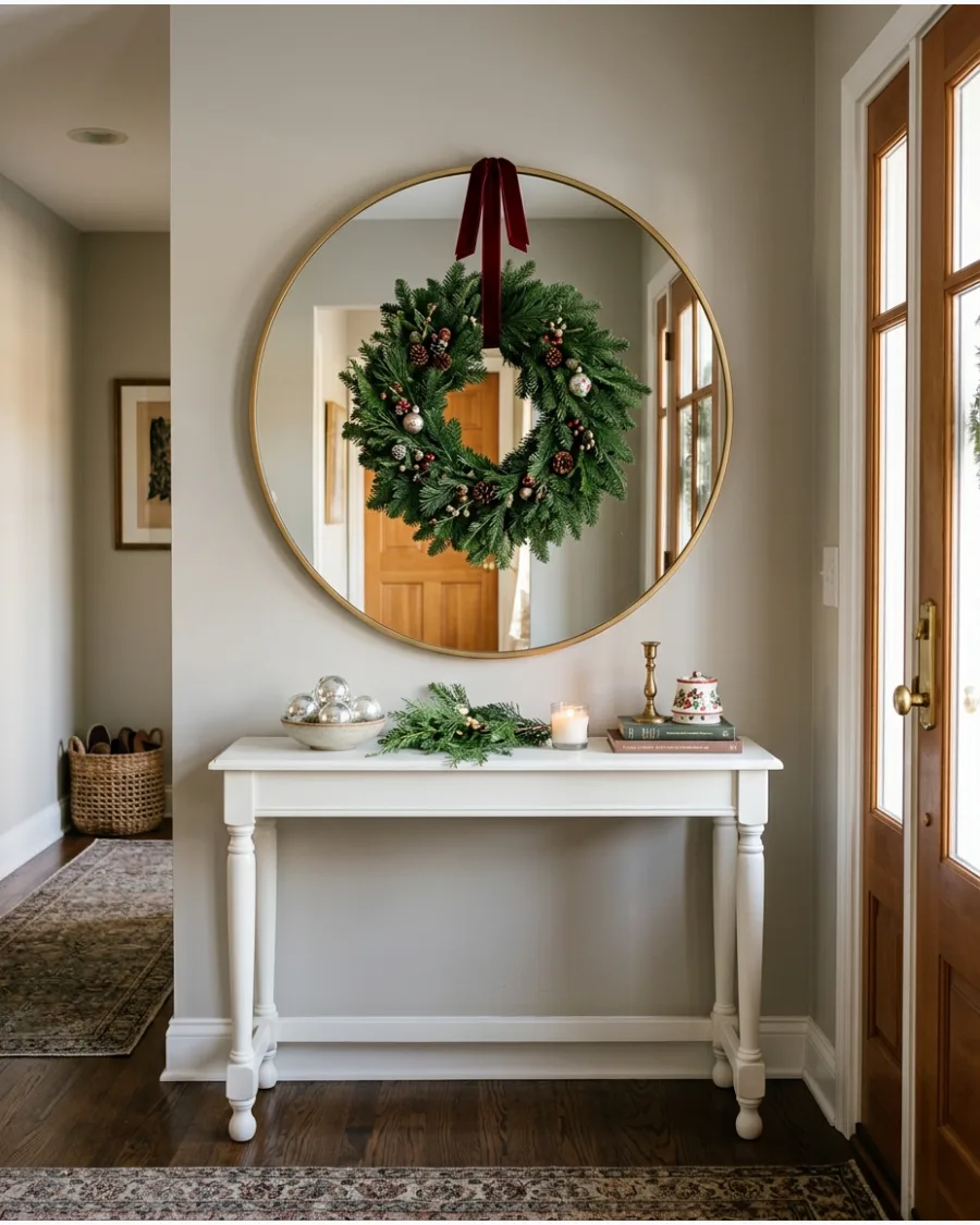 2. Christmas Entry Table With a Wreath Over the Mirror