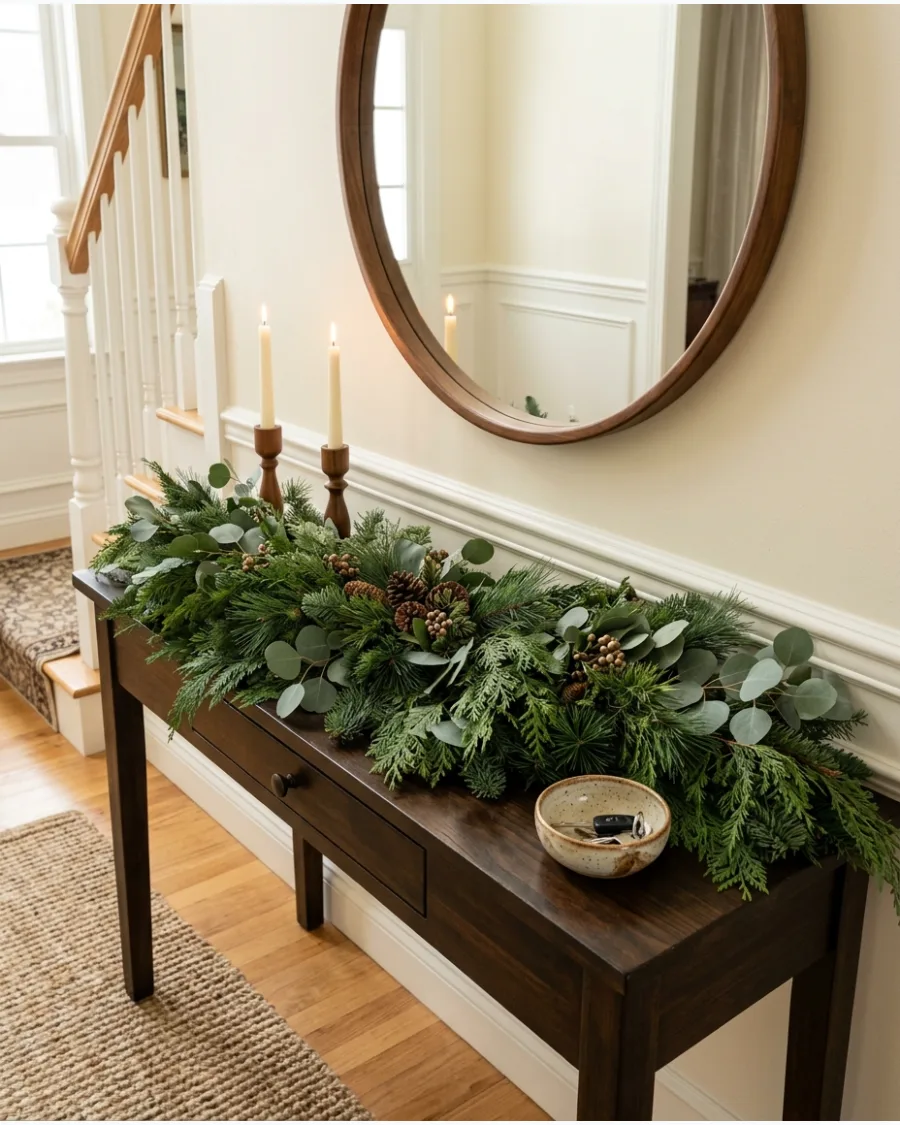 20. Layered Pine and Eucalyptus Christmas Console