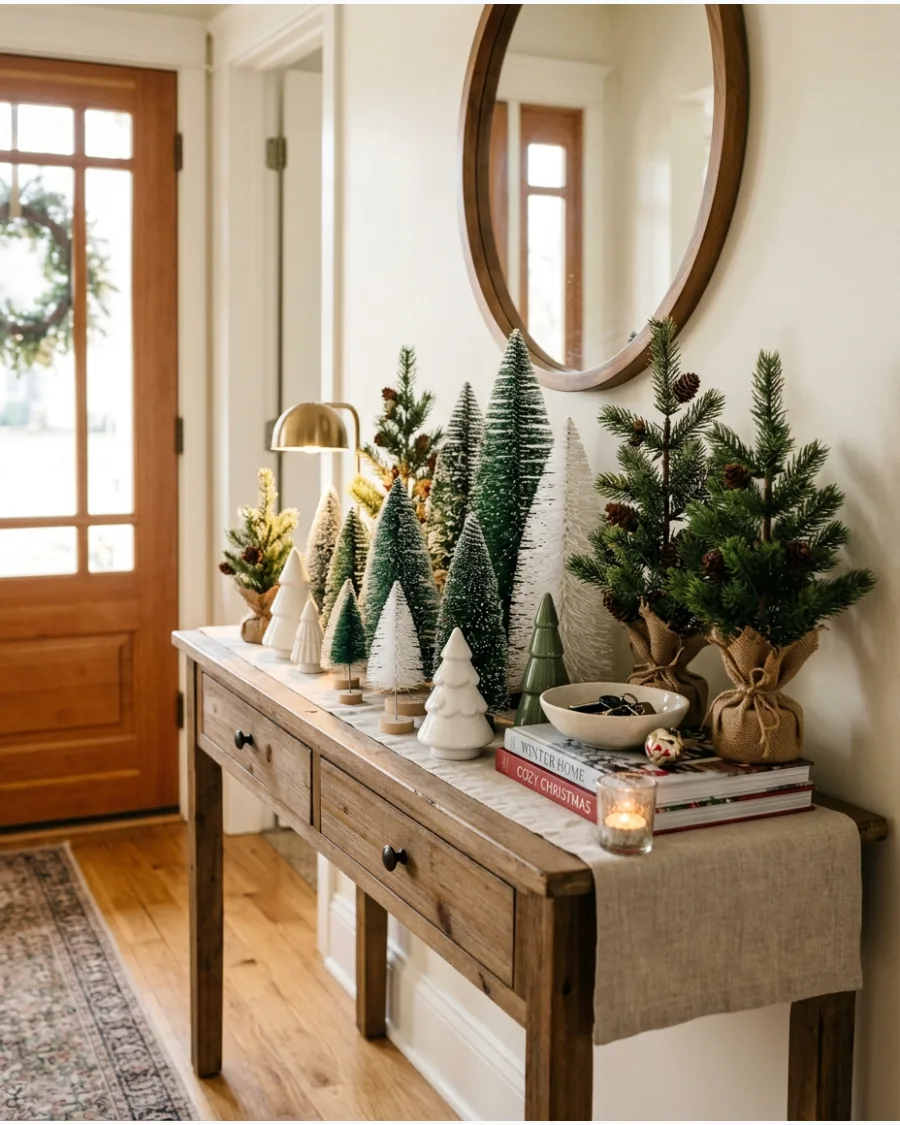 3. Mini Christmas Trees Across the Entry Table