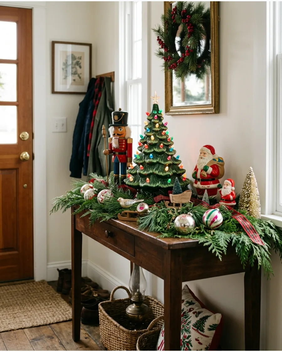 30. Christmas Entry Table With Collected Vintage Decorations