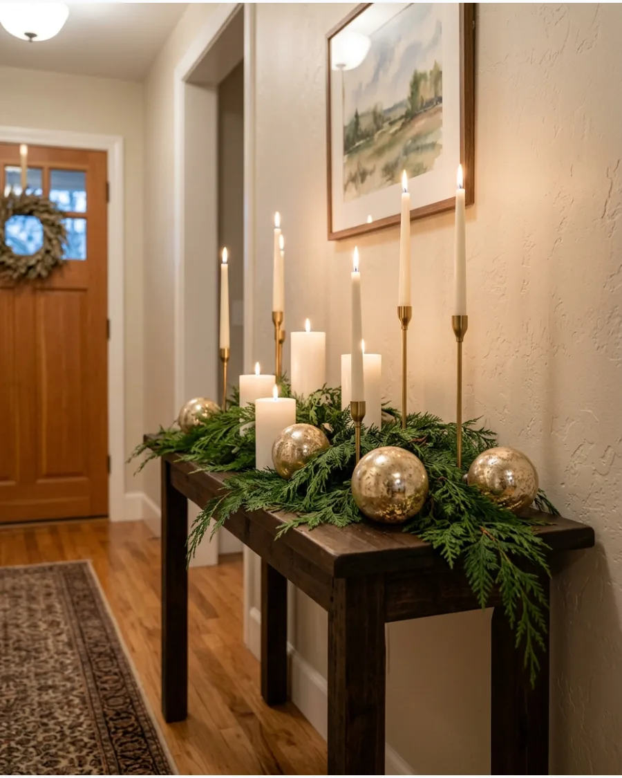 40. Elegant Candlelit Christmas Entry Table