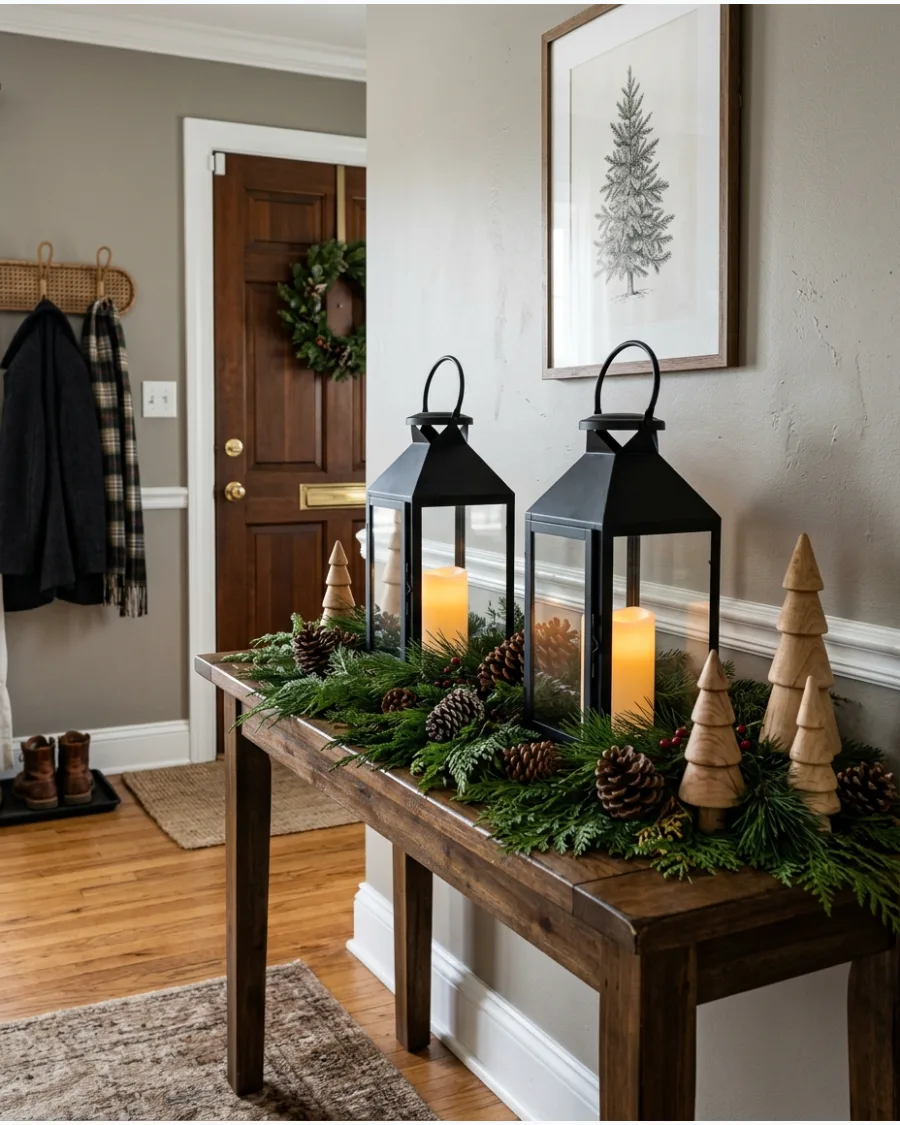 42. Rustic Lantern Christmas Entry Table
