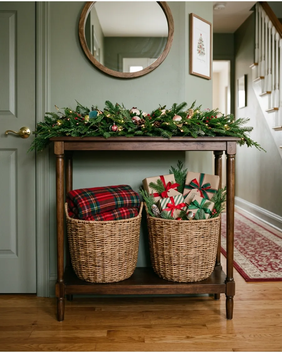 48. Christmas Entry Table With Baskets on the Lower Shelf