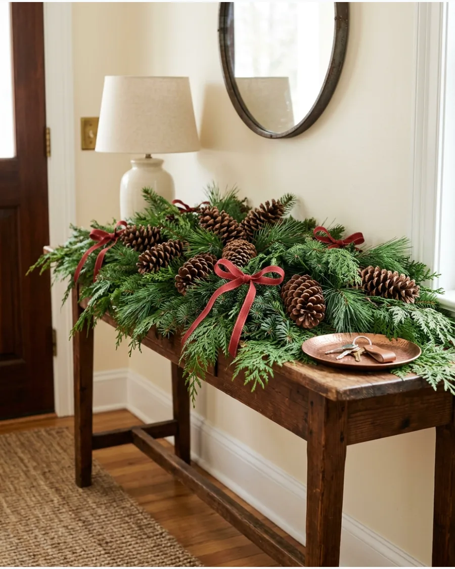 8. Pinecone and Evergreen Christmas Console