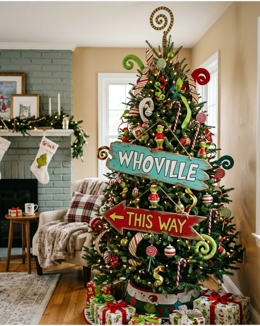 7. Grinch Christmas Tree With Whoville Signs