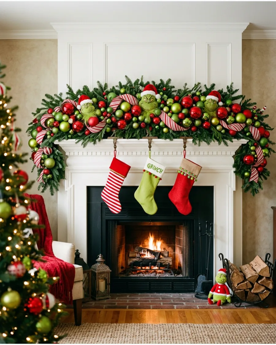 11. Grinch Christmas Fireplace Mantel