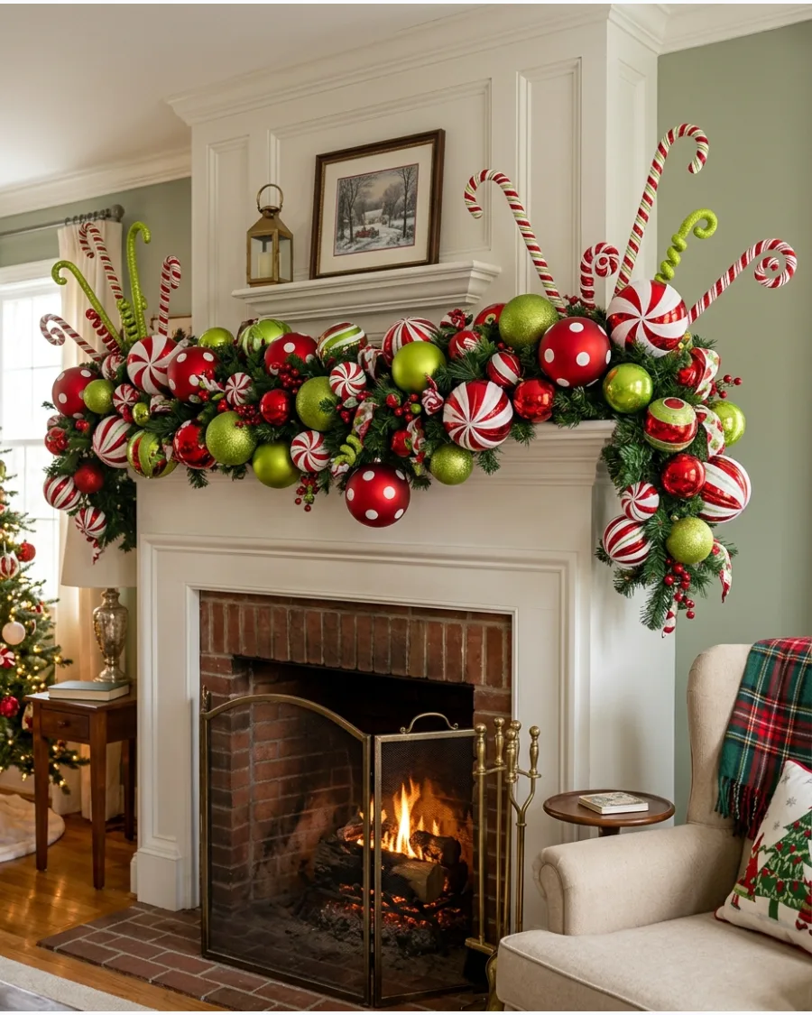 12. Grinch Mantel Garland With Oversized Ornaments