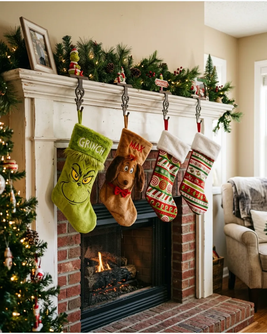 13. Grinch Christmas Stocking Mantel