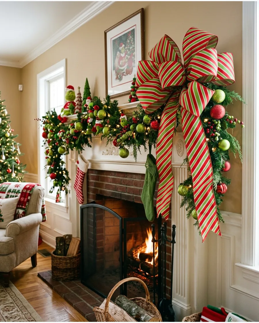 14. Grinch Christmas Mantel With Giant Bow