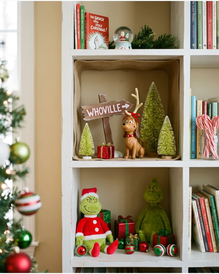 18. Grinch Christmas Bookshelf Display