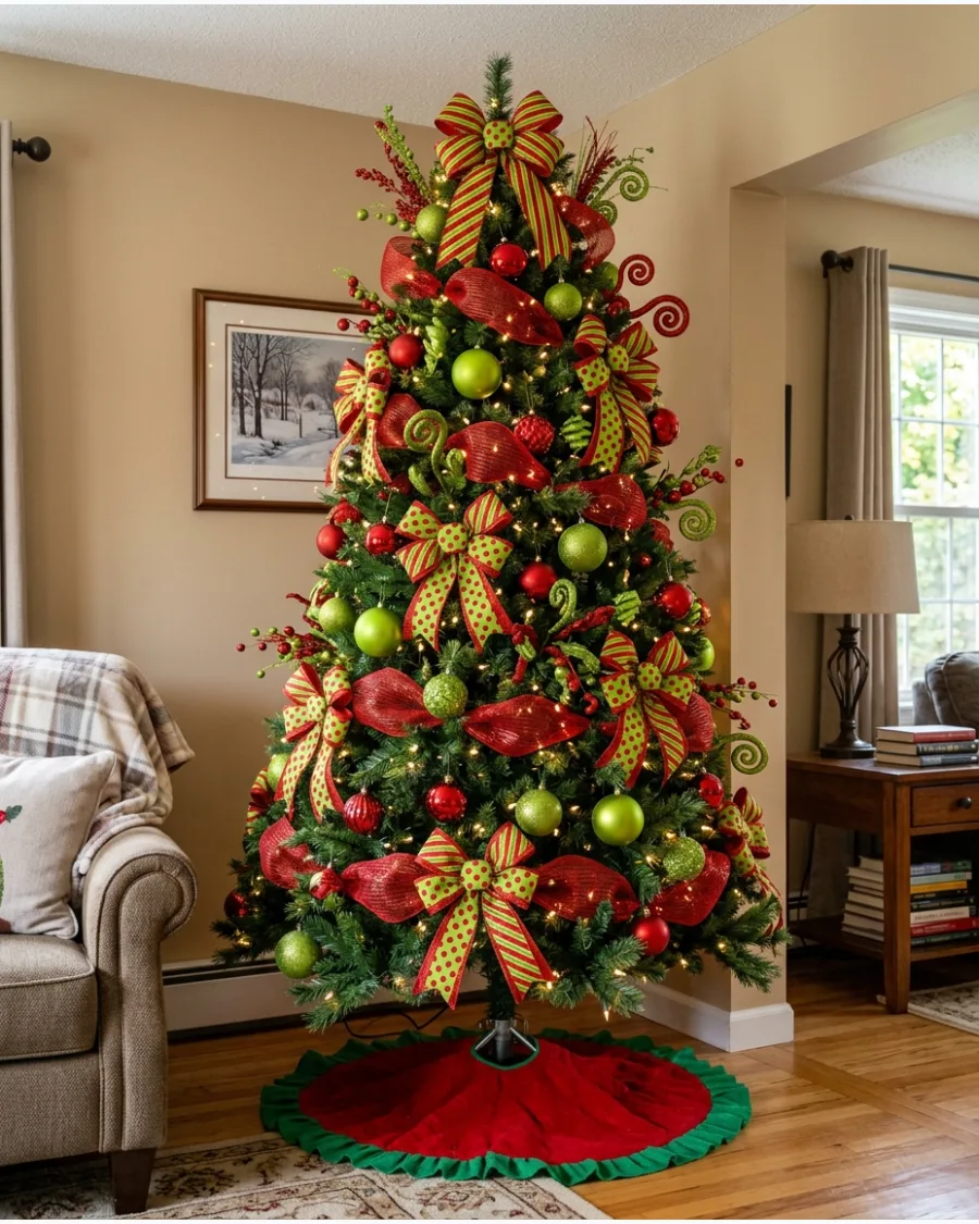 4. Red and Lime Green Grinch Christmas Tree