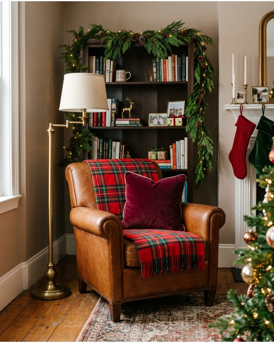 17. Leather and Tartan Christmas Living Room