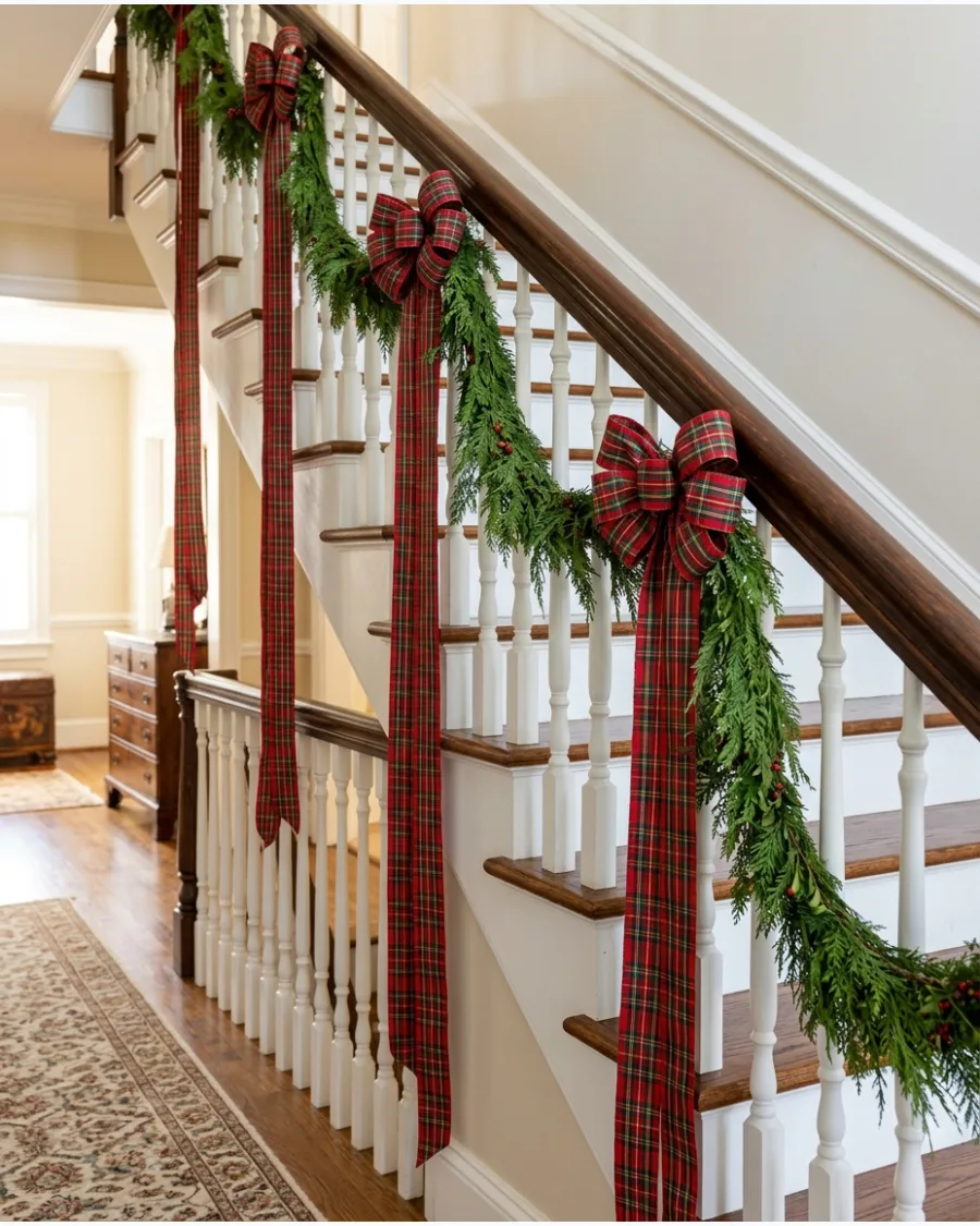 23. Tartan Bow Christmas Stair Railing