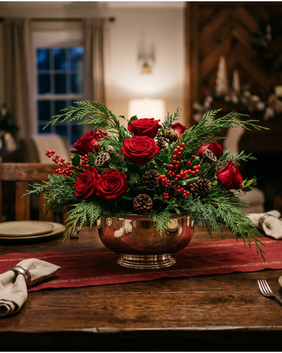 35. Red Roses and Evergreen Christmas Centerpiece
