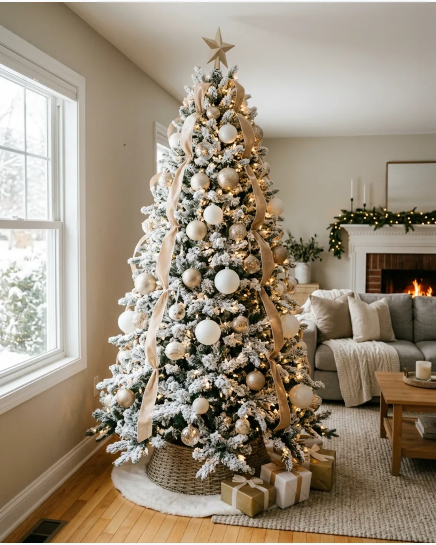 1. Flocked White and Gold Christmas Tree