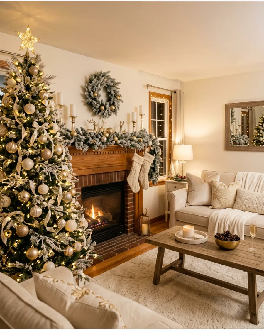 11. Elegant White and Gold Christmas Living Room