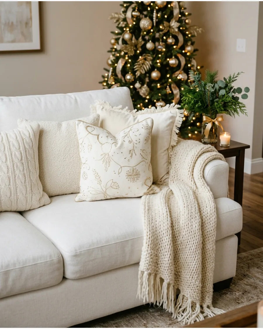 12. White Sofa With Gold Christmas Accents