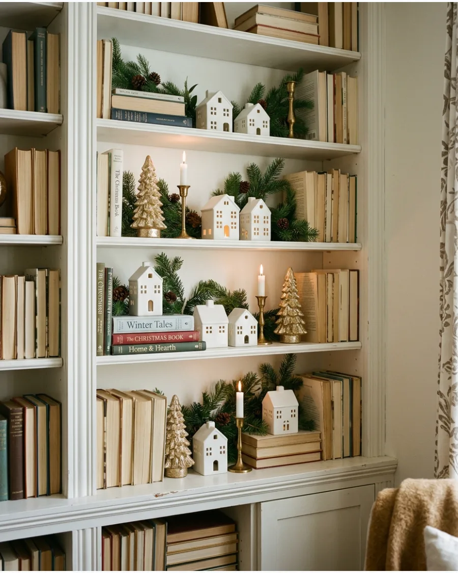 14. White and Gold Christmas Bookshelf Decor