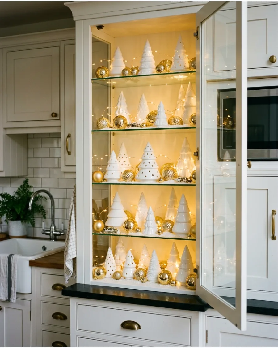 15. White and Gold Christmas Cabinet Display