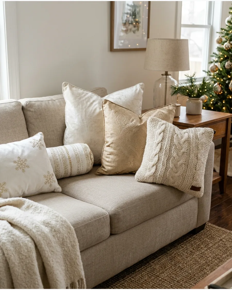 16. White and Gold Christmas Throw Pillow Styling