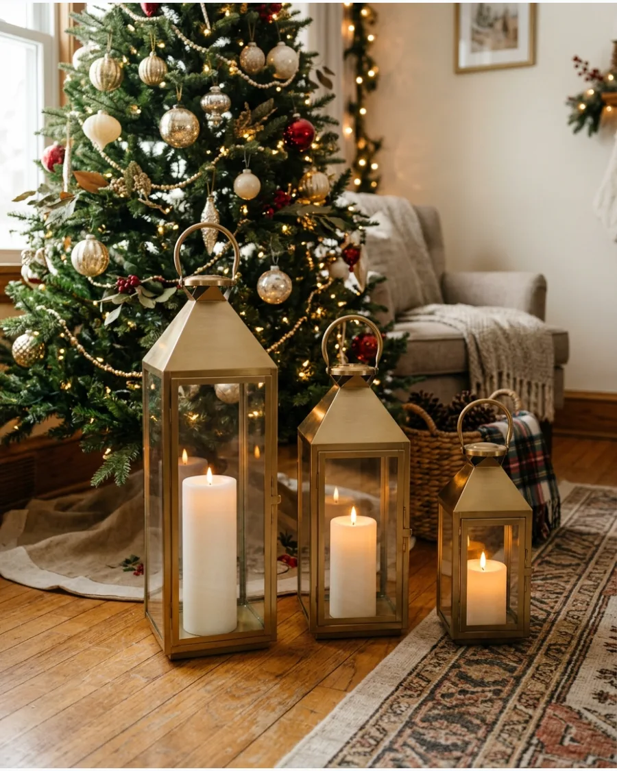 17. Gold Lantern and White Candle Christmas Display