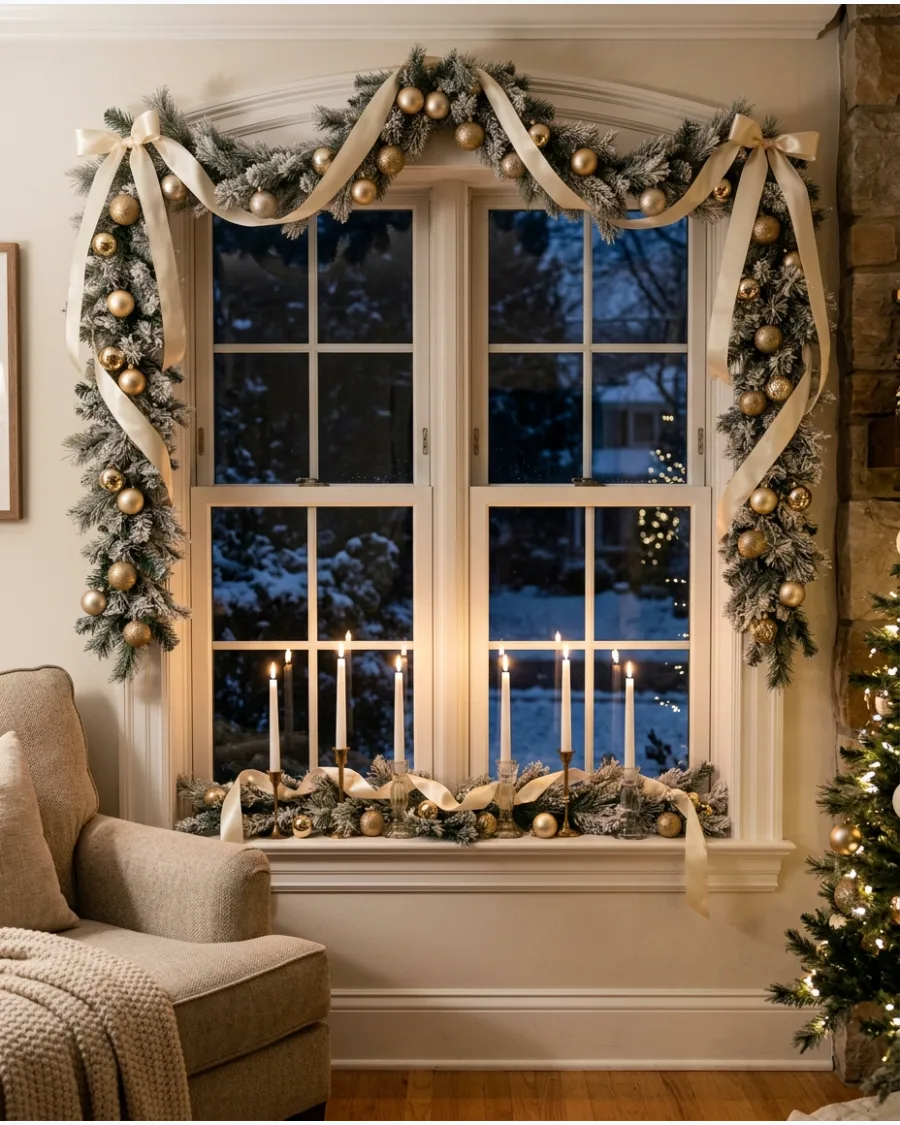 18. White and Gold Christmas Window Decor