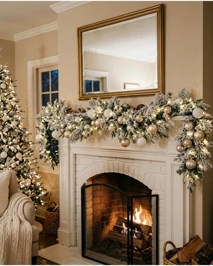 21. Flocked Garland White and Gold Christmas Mantel