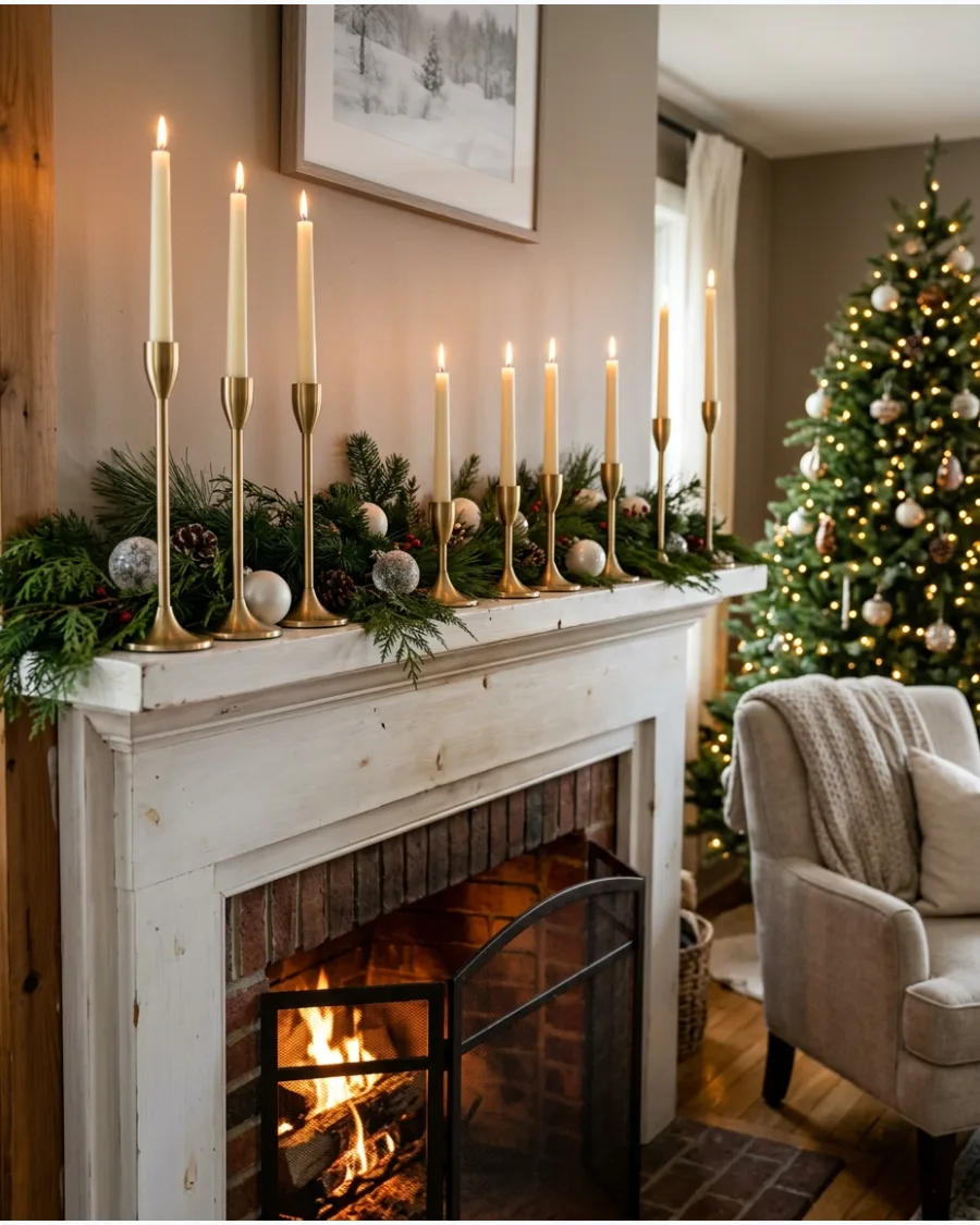 23. Gold Candlestick Christmas Mantel