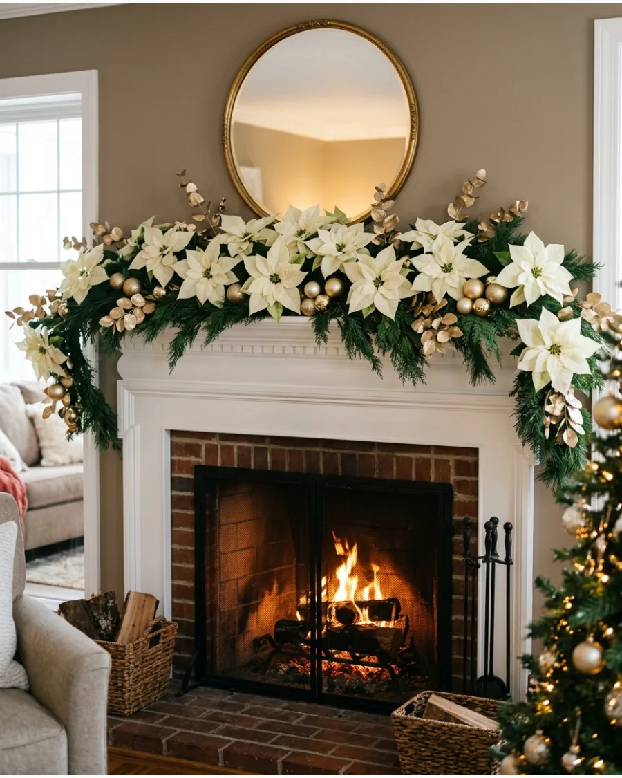 24. White Poinsettia Christmas Mantel