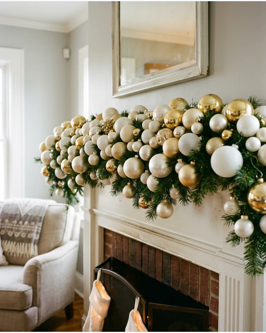 25. White and Gold Ornament Garland Mantel