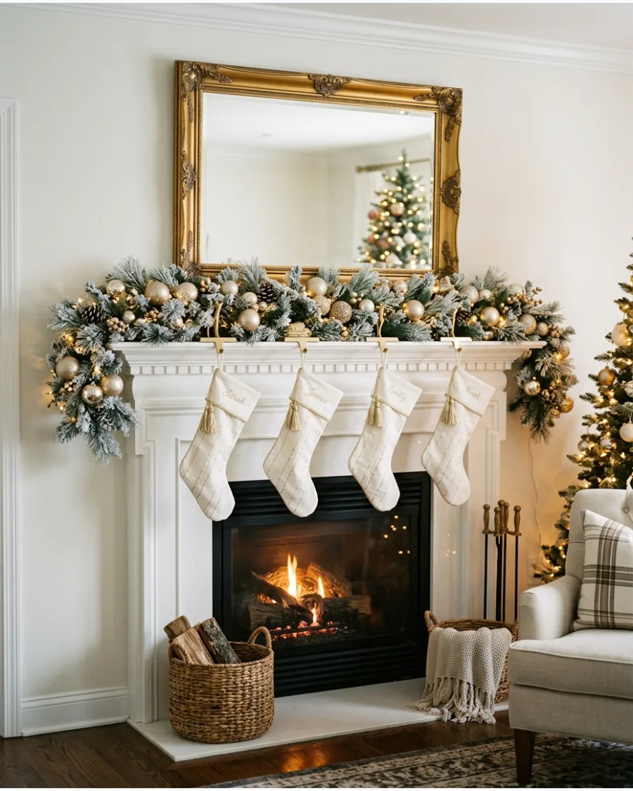 26. White and Gold Christmas Mantel With Mirror
