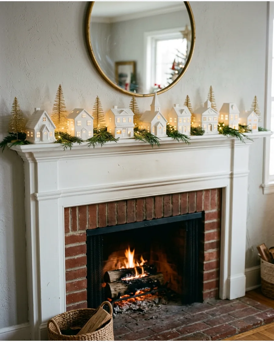 27. White Christmas Village Mantel
