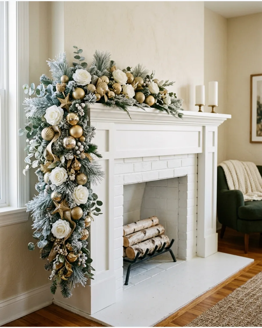 28. Asymmetrical White and Gold Christmas Mantel