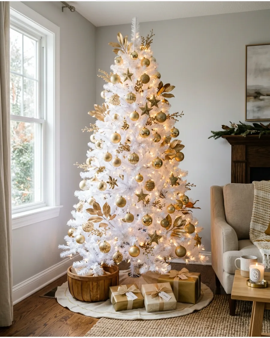 3. White Christmas Tree With Gold Ornaments