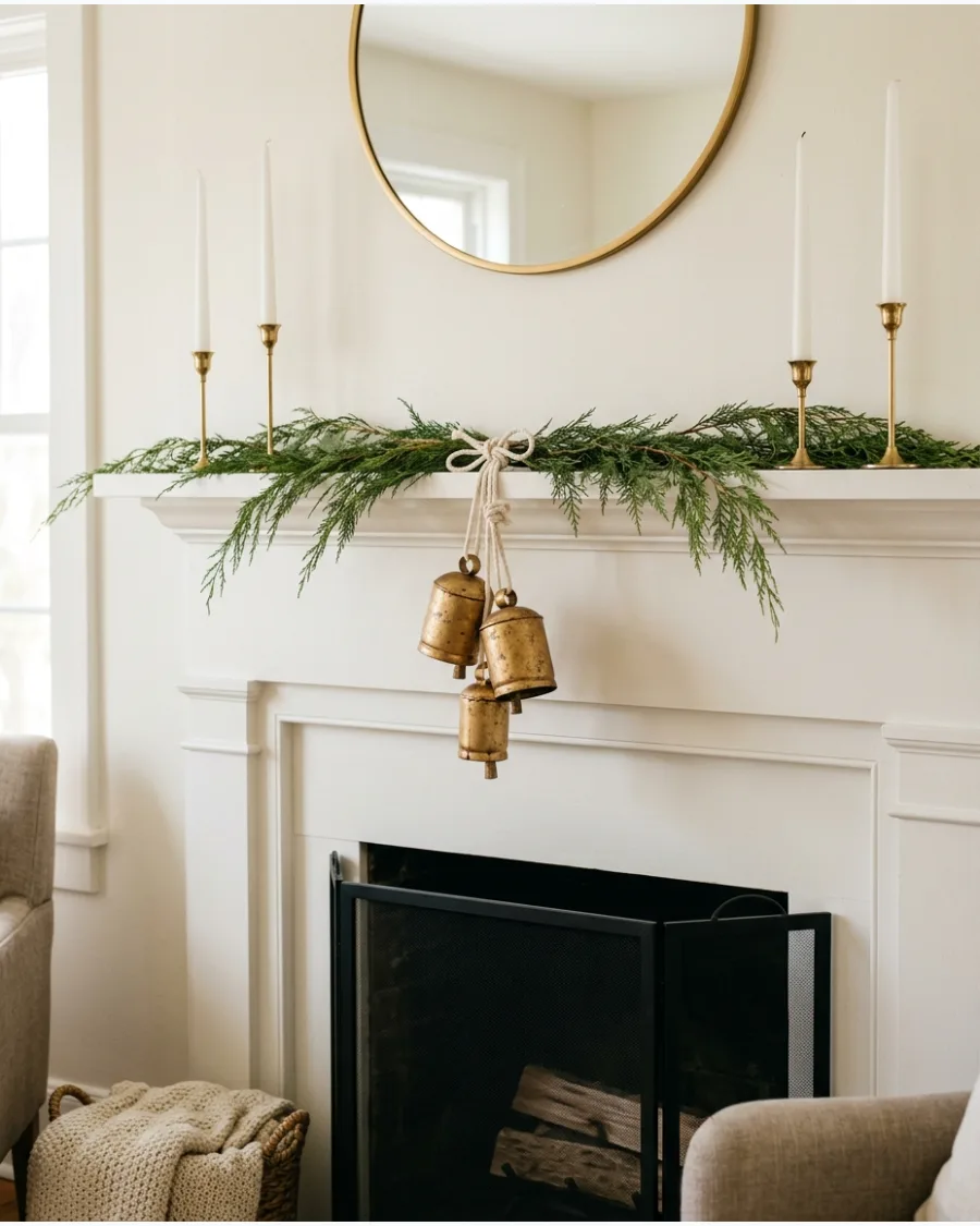 30. Minimal Gold Bell and Greenery Mantel