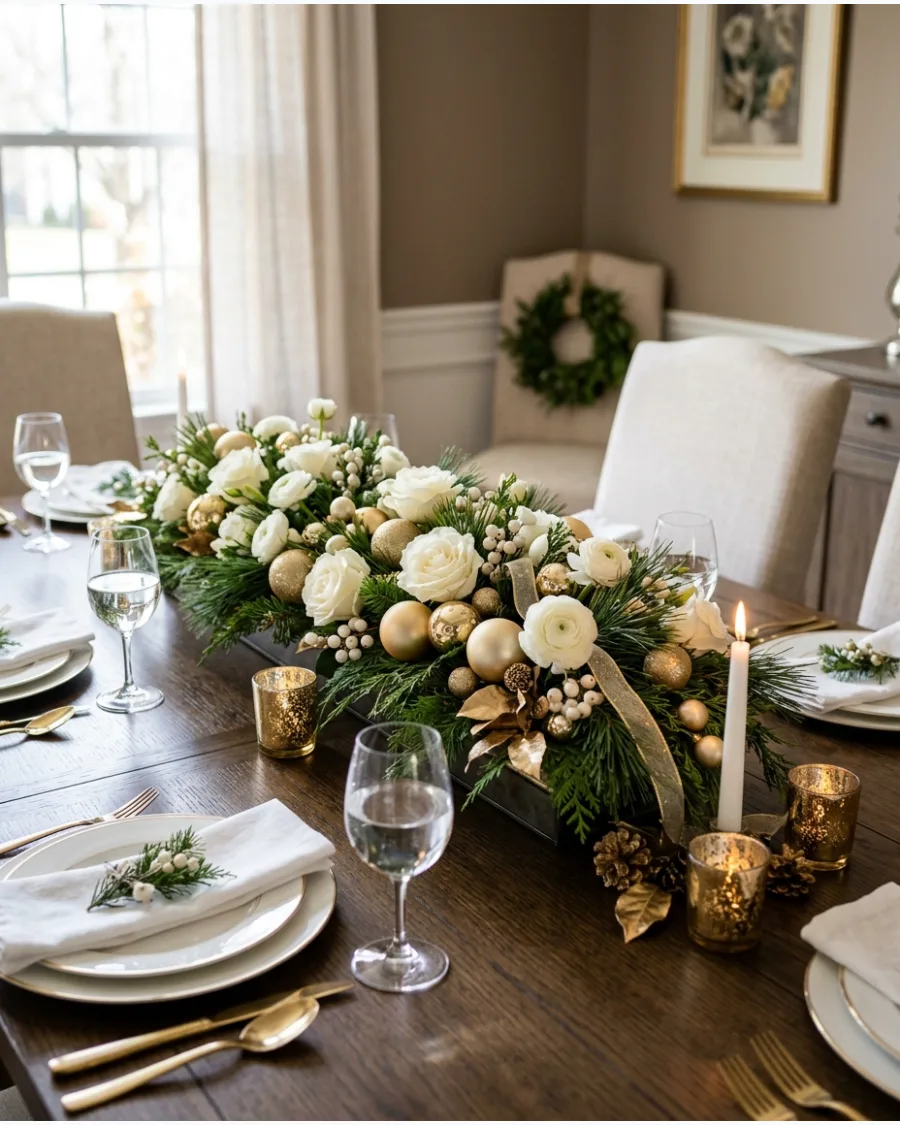32. White and Gold Christmas Table Centerpiece