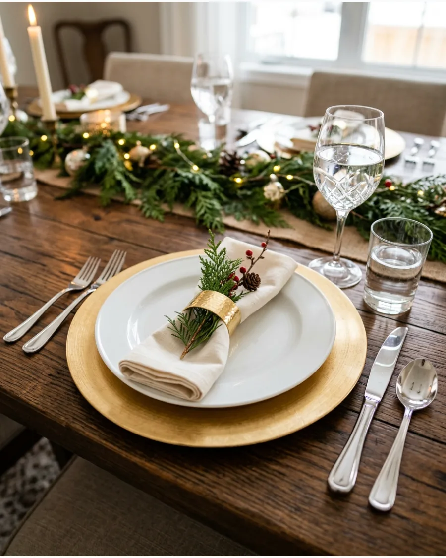 33. Gold Charger and White China Christmas Table
