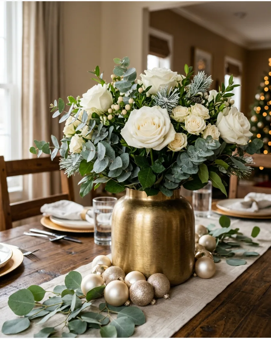 34. White Rose and Gold Christmas Centerpiece