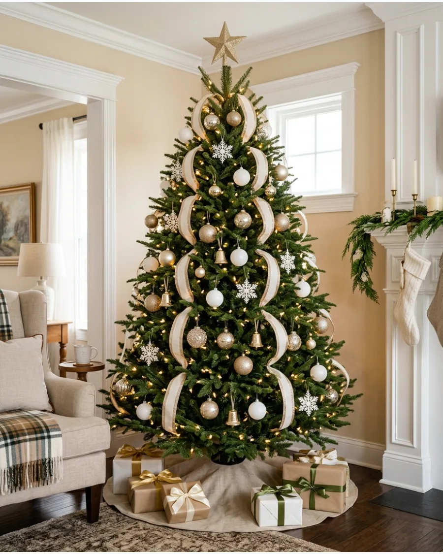 4. Green Christmas Tree With White and Gold Decor
