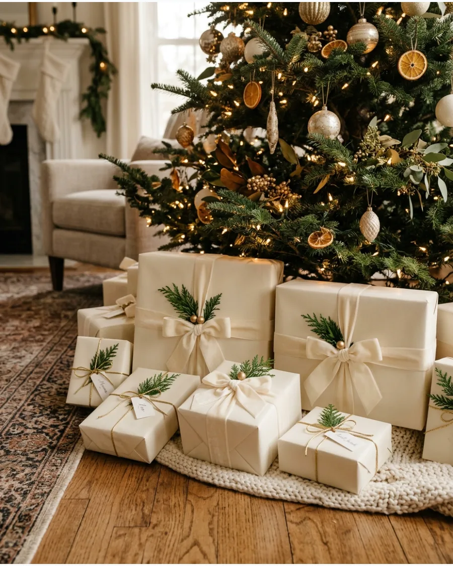 46. White and Gold Wrapped Christmas Gifts