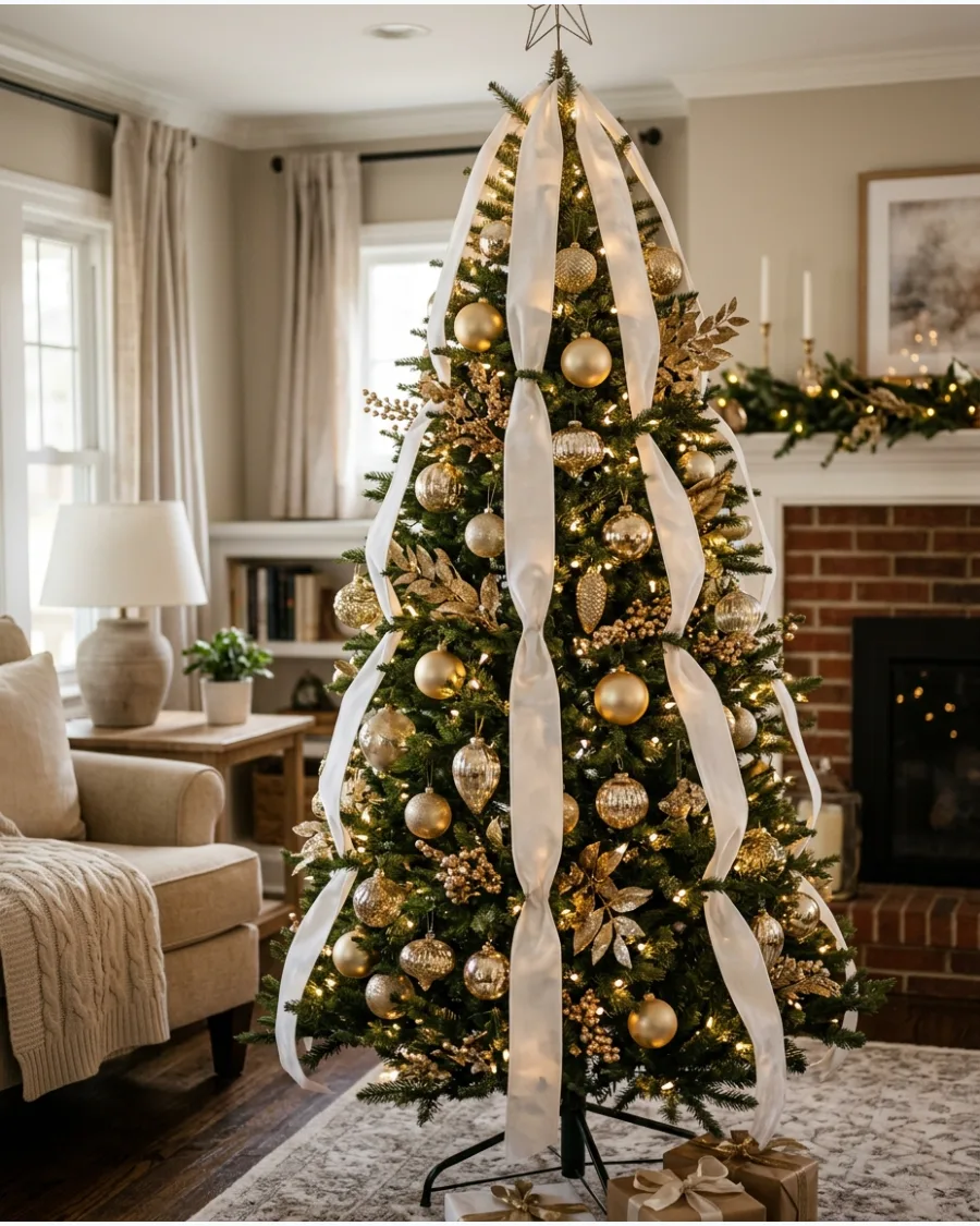 5. White Velvet Ribbon and Gold Ornament Tree