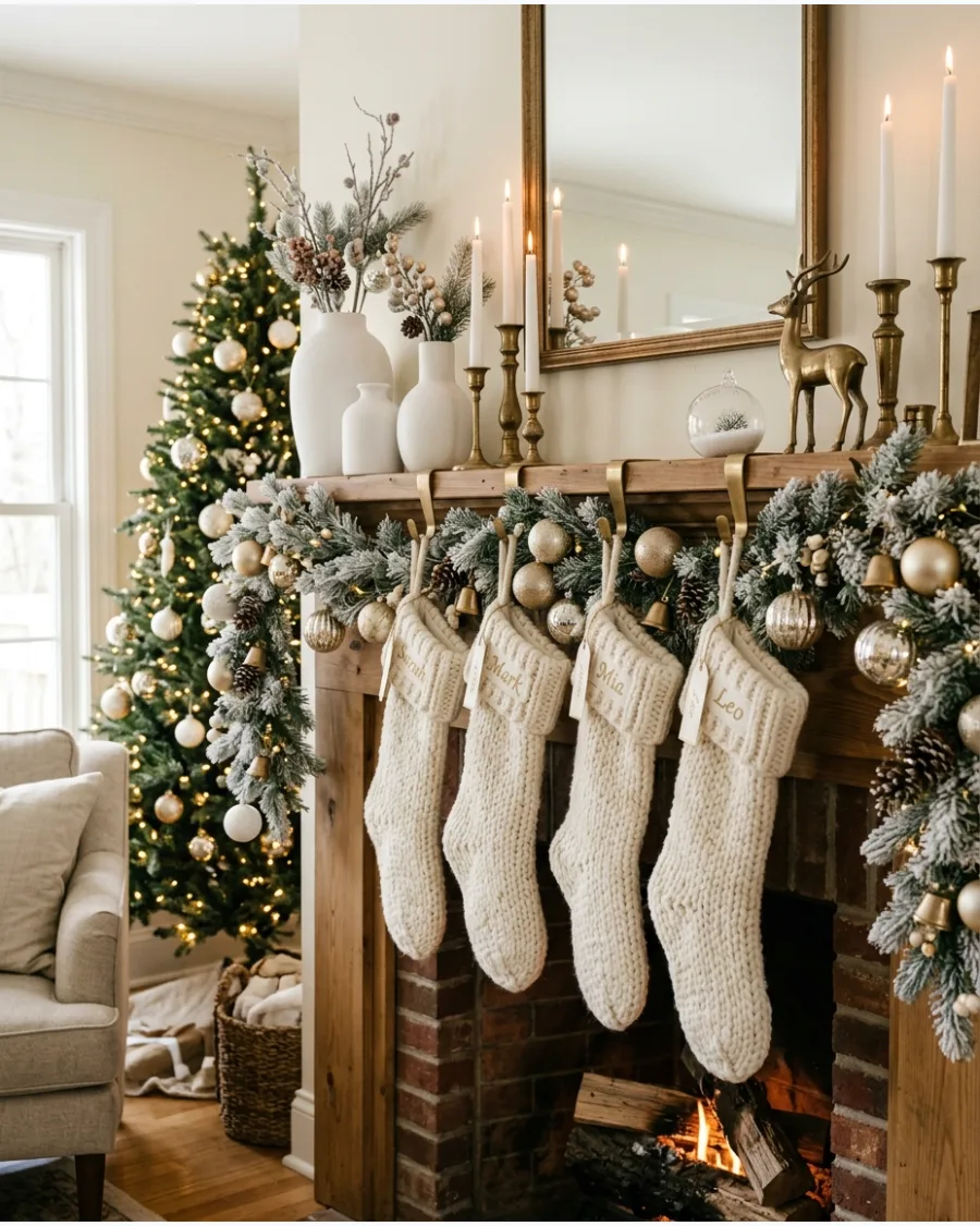 50. Layered White, Ivory and Antique Gold Christmas Decor