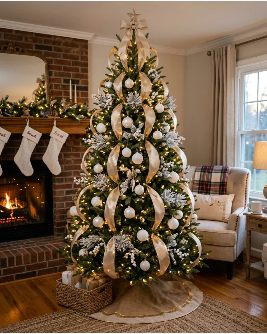 6. Gold Ribbon Cascade Christmas Tree