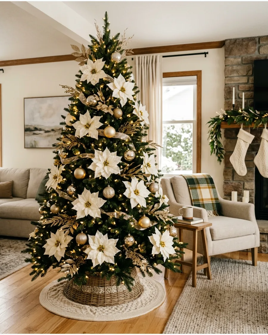 7. White Poinsettia and Gold Christmas Tree
