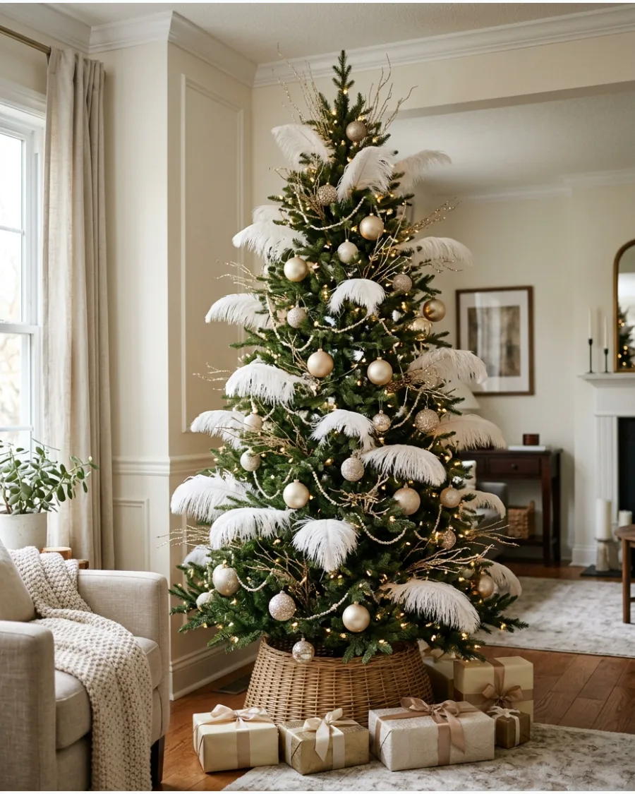 9. White Feather and Gold Christmas Tree