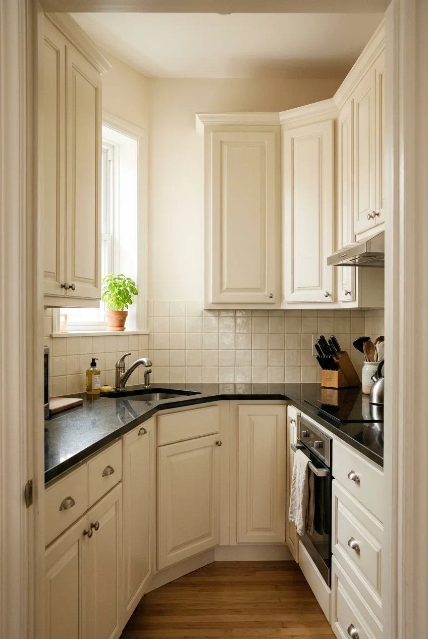 Warm white kitchen cabinets beneath an existing black countertop.