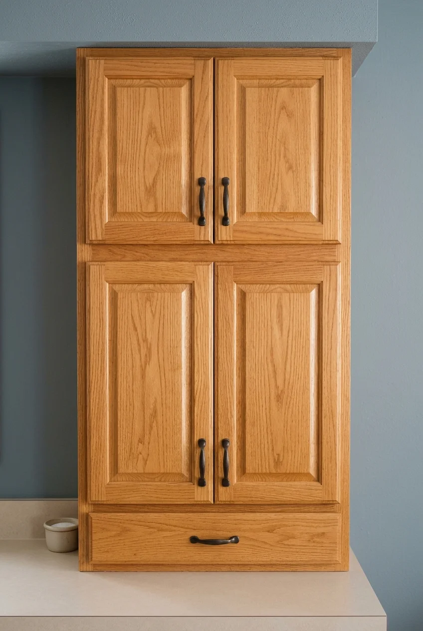 Honey-oak cabinet doors paired with simple pulls and a muted blue-gray wall.